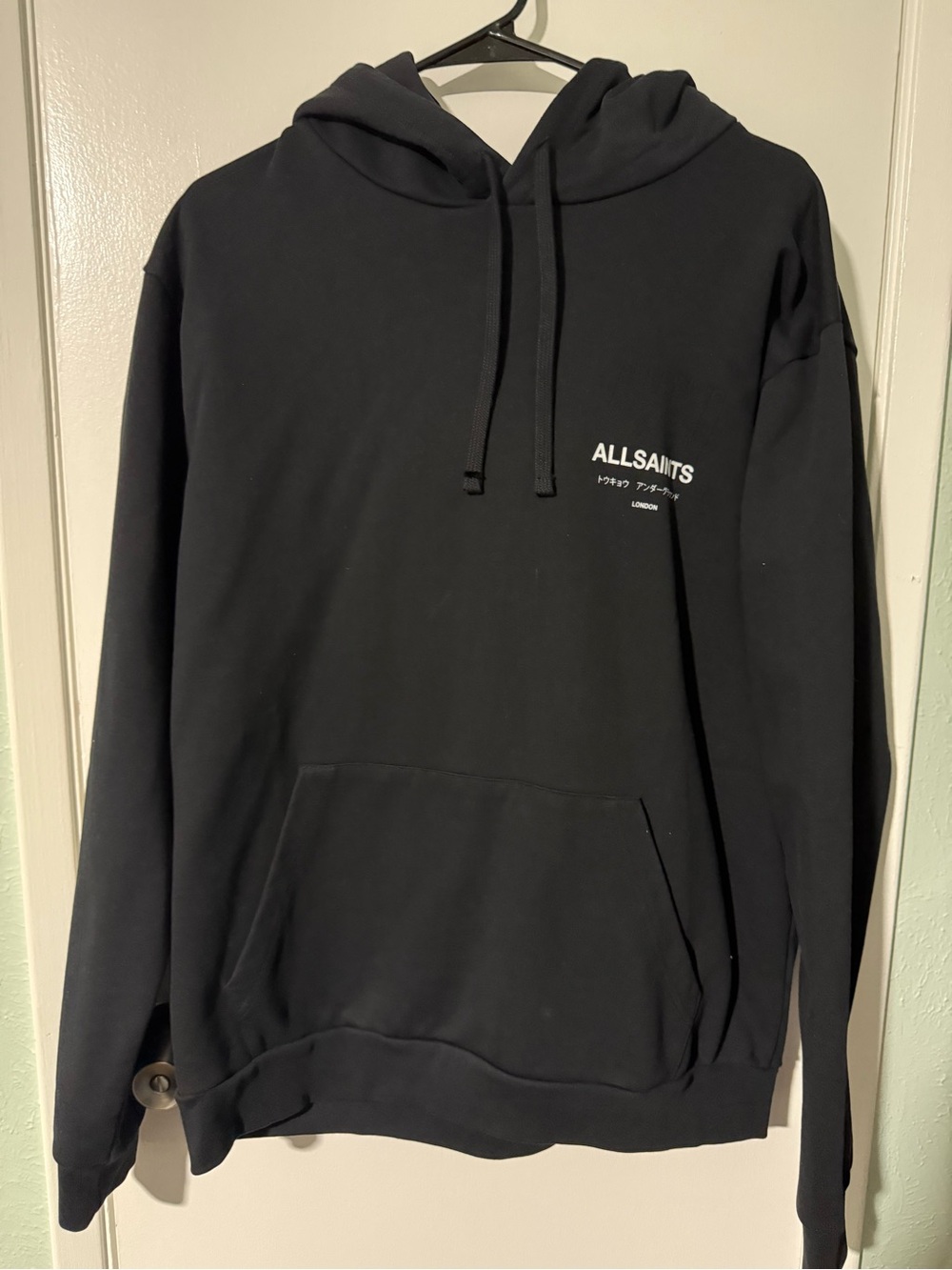 AllSaints Black Pullover Hoodie with Chest Logo